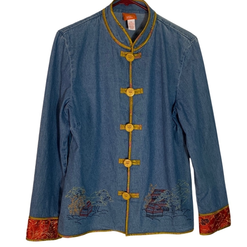 Hearts of Palm Blue Embroidered Jacket Frog Closure Women's 10 Y2K Vintage